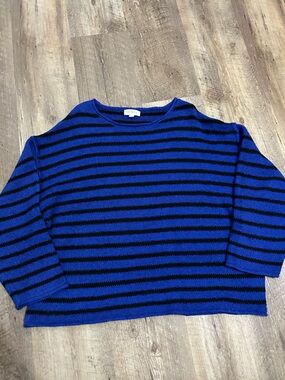 Promesa Royal Blue and Black Striped Crewneck Drop Shoulder Sweater